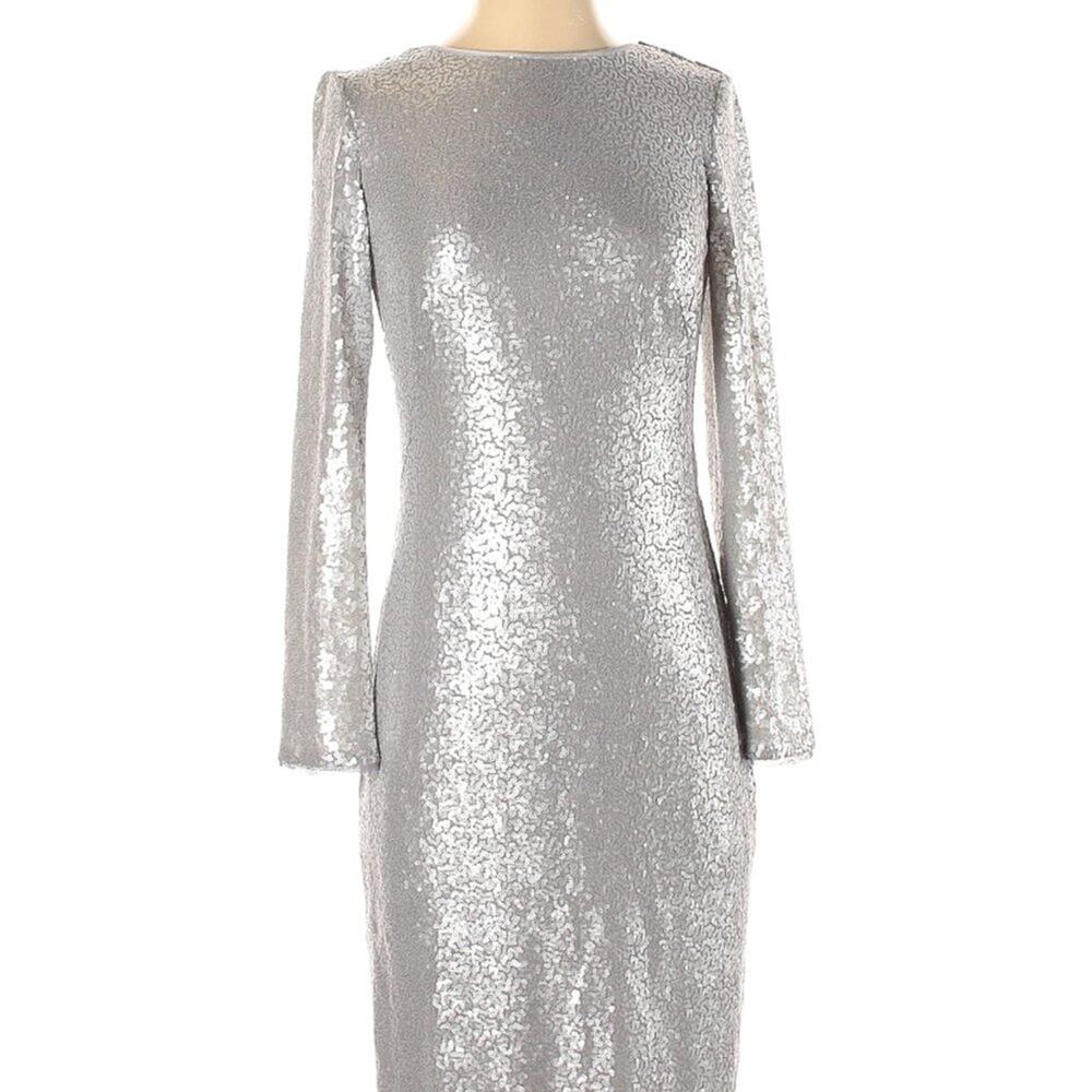 Tadashi Shoji Porcia Cowl-Back Sequin Dress Silver Holiday Party